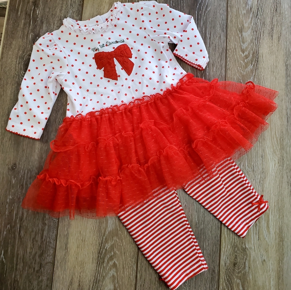 Little Me baby red and white 1st Christmas set/bow and striped leggings 9mo.